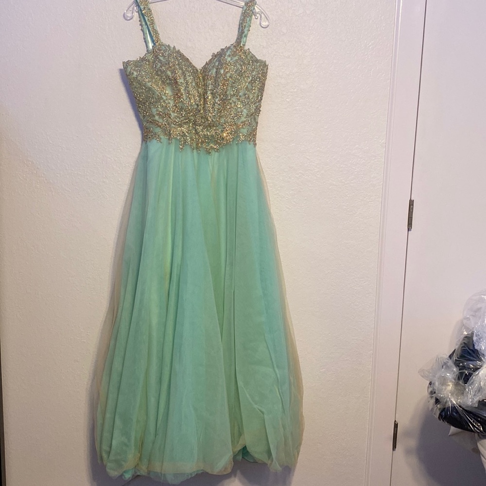 Turquoise prom dress with gold sequined top